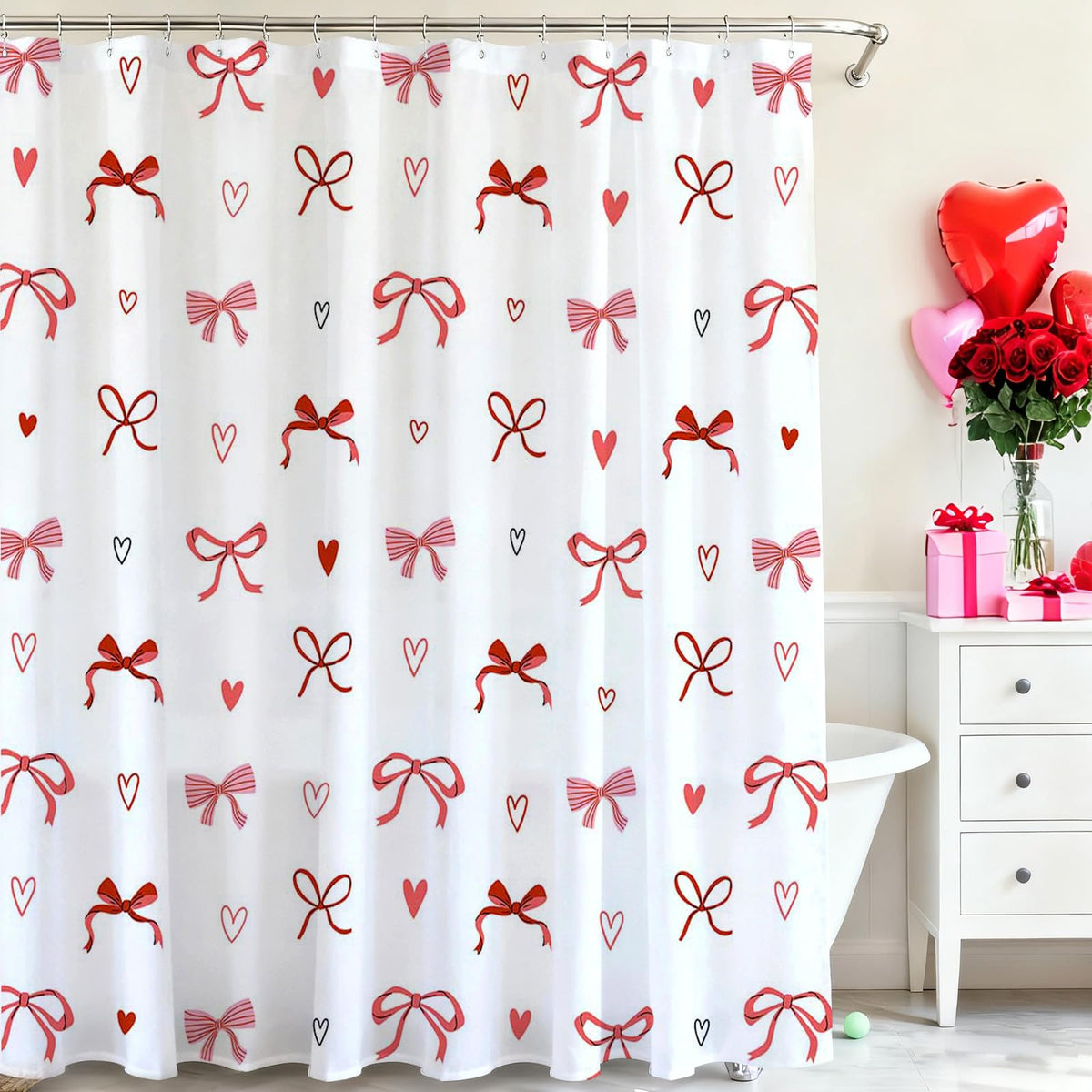 Valentines Day Shower Curtain Bow Love Hearts Cute Romantic Bathroom Shower Curtain, 70.8"x70.8"