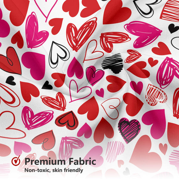 Valentines Day Shower Curtain, 70.8" Doodle Style Hearts Romantic Red Pink Black Love Bathtub Decor