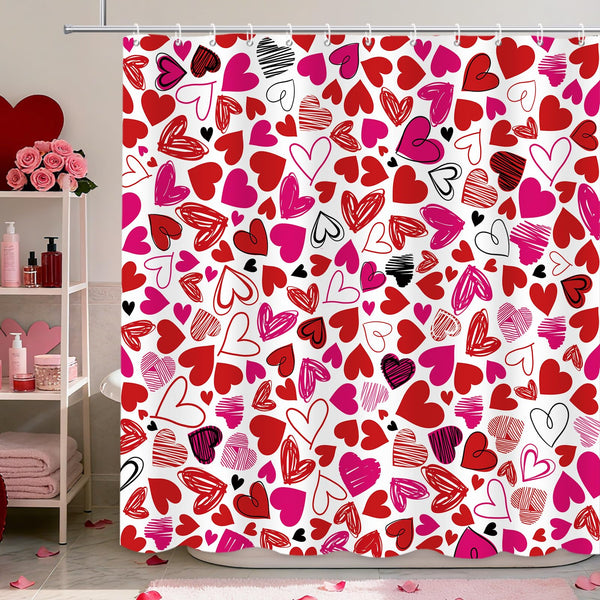 Valentines Day Shower Curtain, 70.8" Doodle Style Hearts Romantic Red Pink Black Love Bathtub Decor