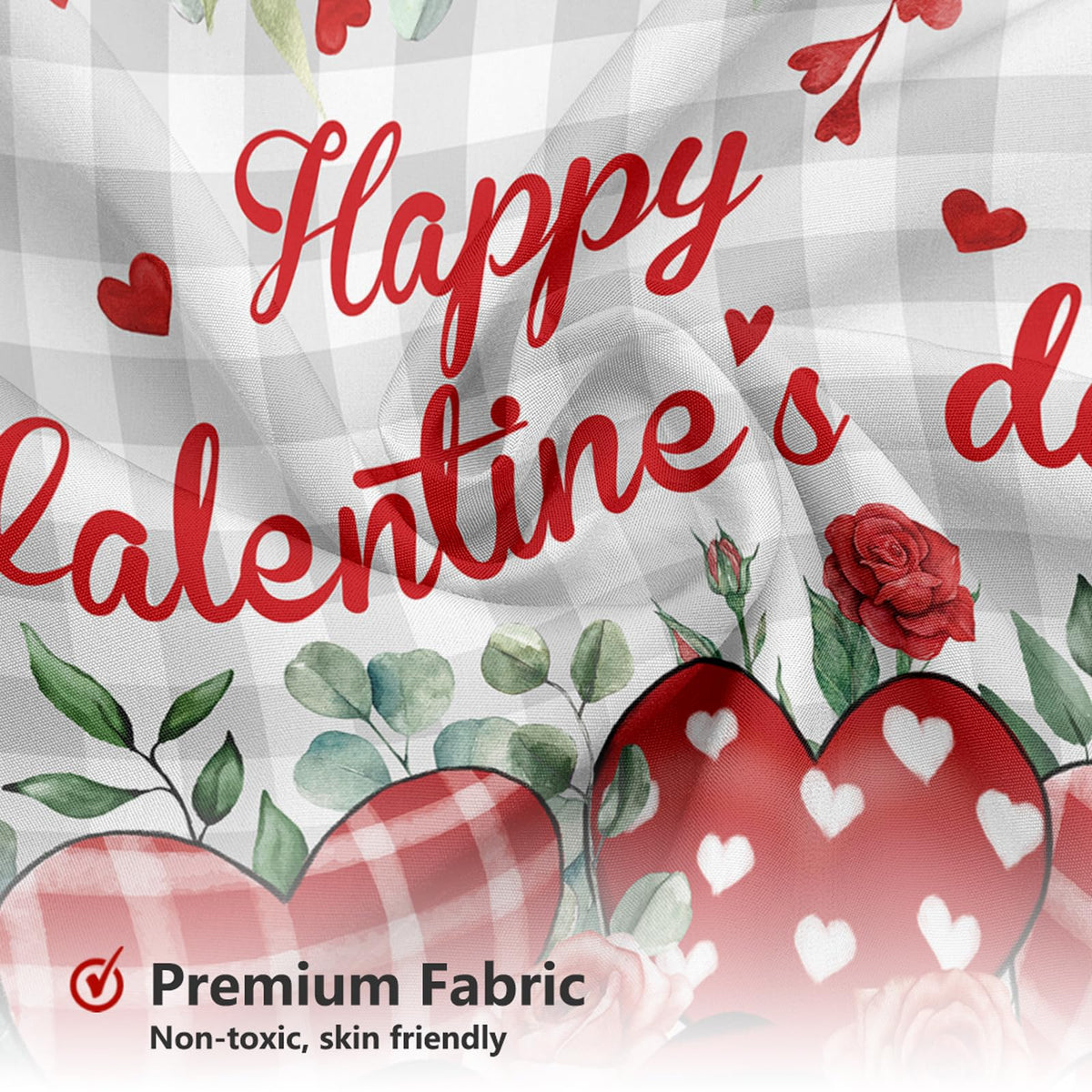Valentine's Day Shower Curtain Eucalyptus Leaves Plaid Valentines Day, 70.8"Red Heart Romantic Love