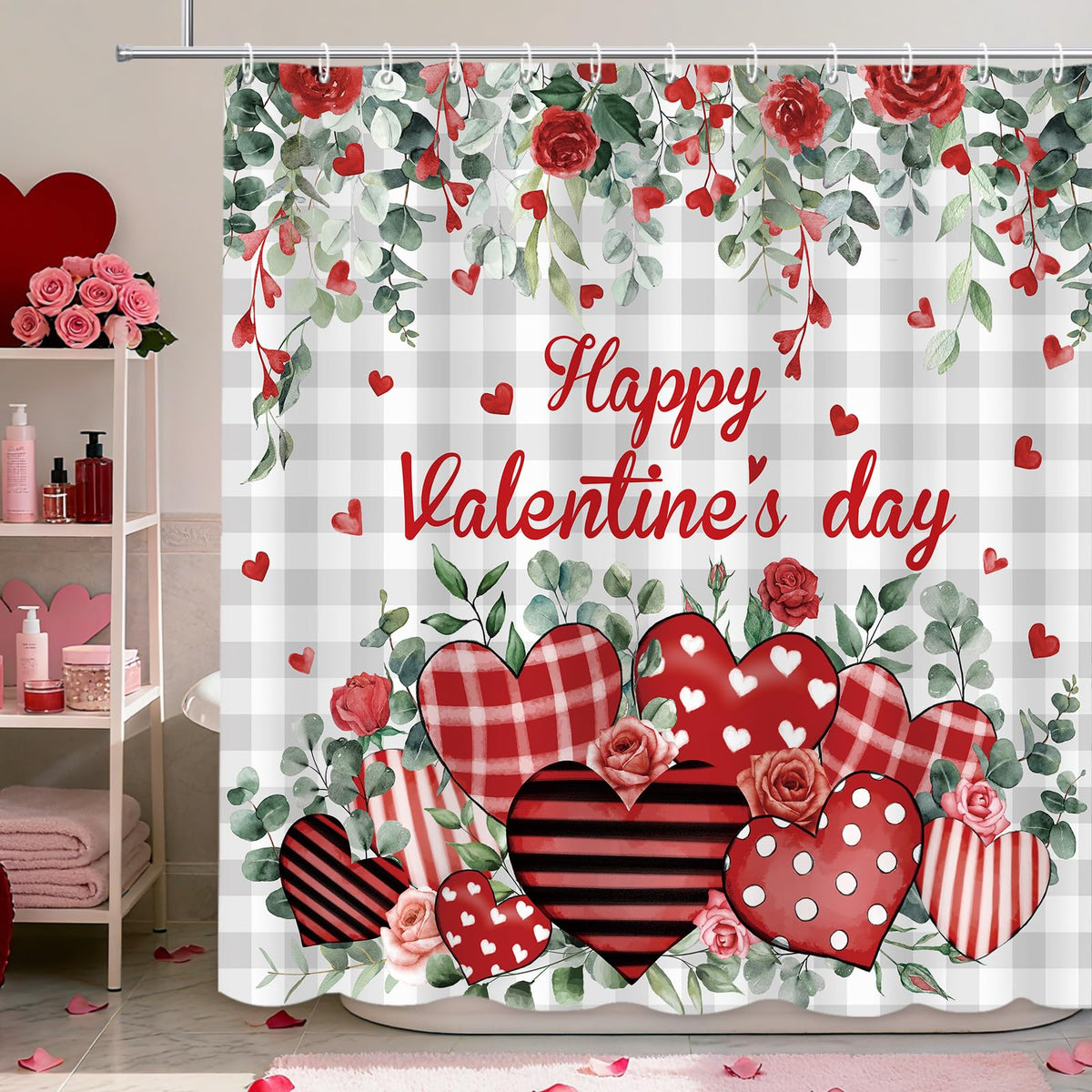 Valentine's Day Shower Curtain Eucalyptus Leaves Plaid Valentines Day, 70.8"Red Heart Romantic Love