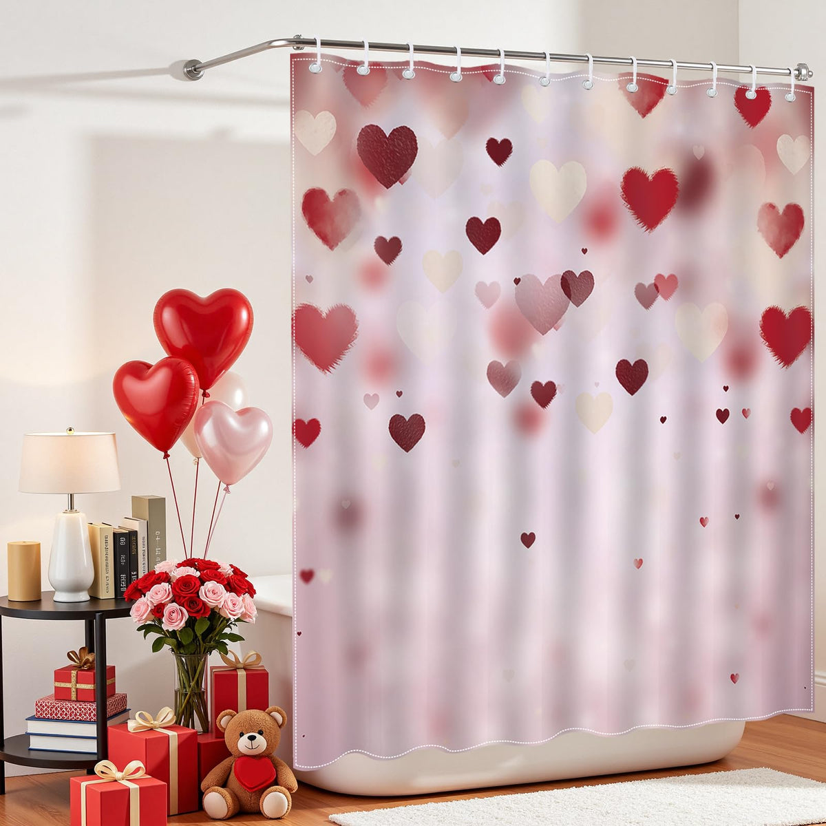 70.8"Valentines Day Shower Curtain Pink Red Love Hearts Bathroom Shower Curtain Waterproof Romantic Shower Curtains
