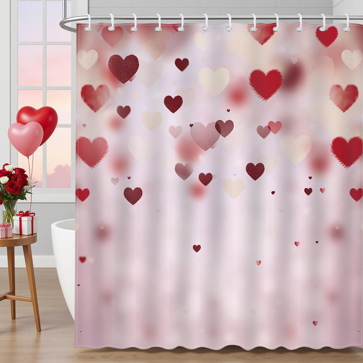 70.8"Valentines Day Shower Curtain Pink Red Love Hearts Bathroom Shower Curtain Waterproof Romantic Shower Curtains