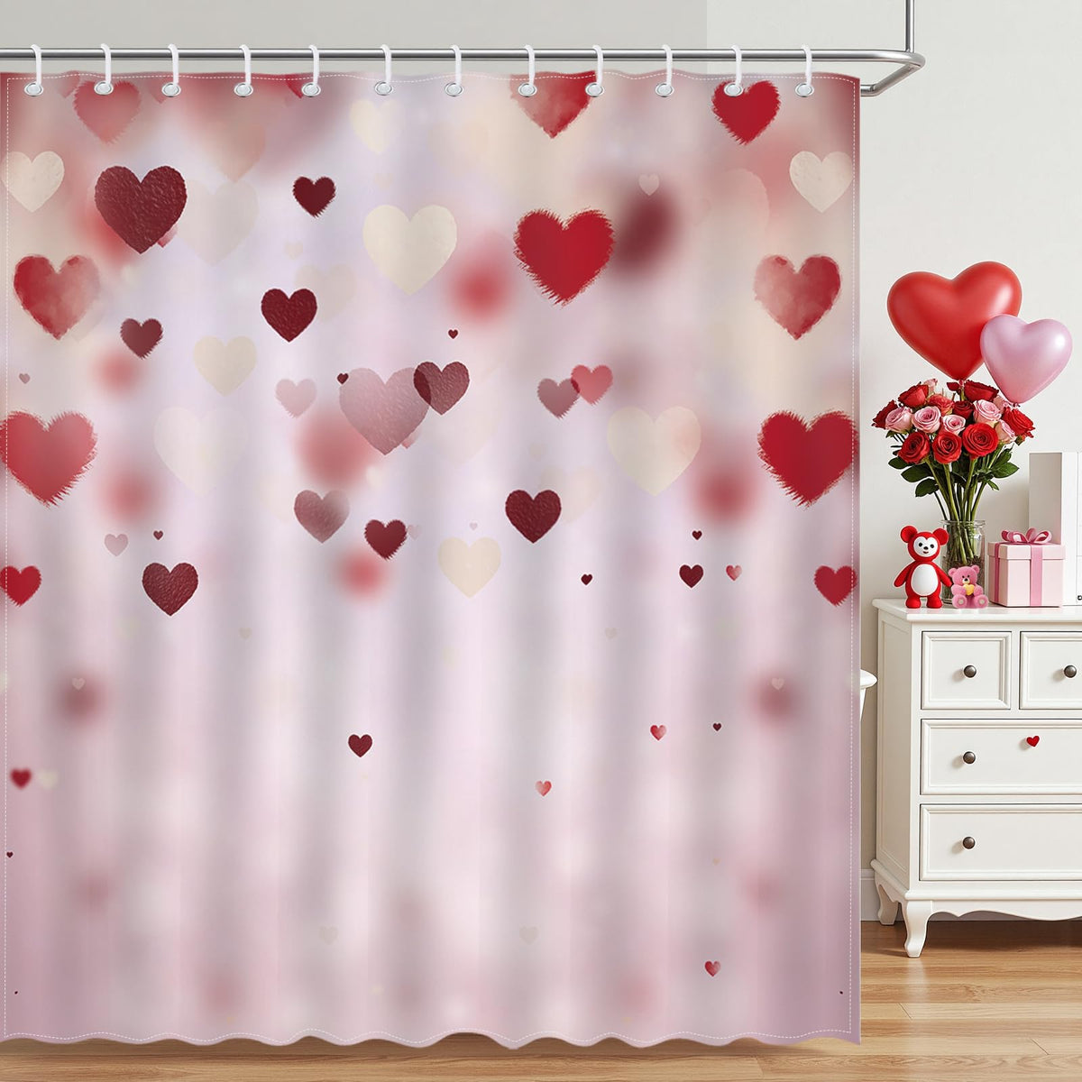 70.8"Valentines Day Shower Curtain Pink Red Love Hearts Bathroom Shower Curtain Waterproof Romantic Shower Curtains