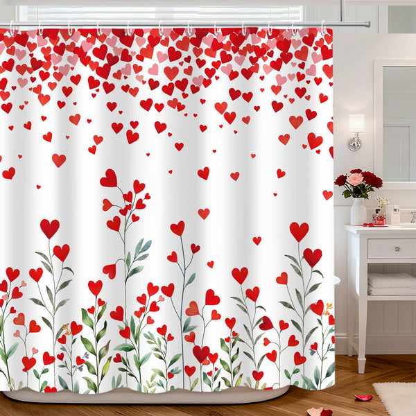 70.8"Valentines Day Shower Curtain Red Heart Green Leaves Sweet Valentine's Day Shower Curtain Romantic Love
