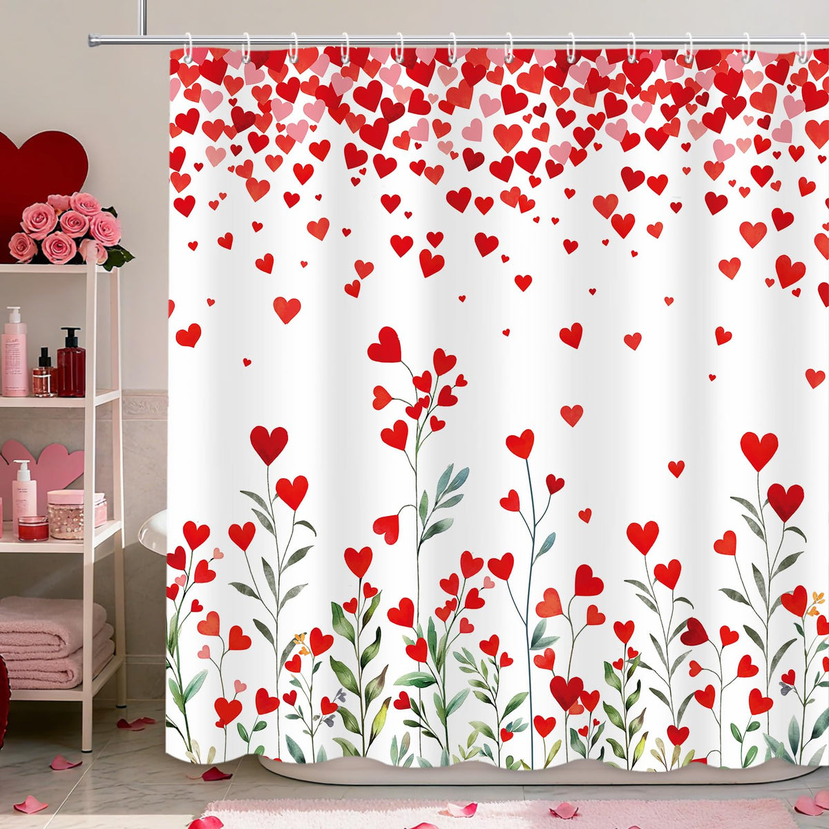70.8"Valentines Day Shower Curtain Red Heart Green Leaves Sweet Valentine's Day Shower Curtain Romantic Love