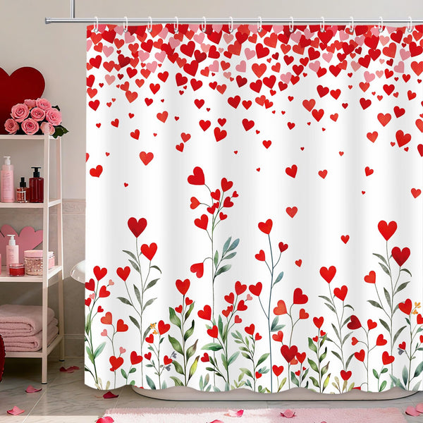 70.8"Valentines Day Shower Curtain Red Heart Green Leaves Sweet Valentine's Day Shower Curtain Romantic Love