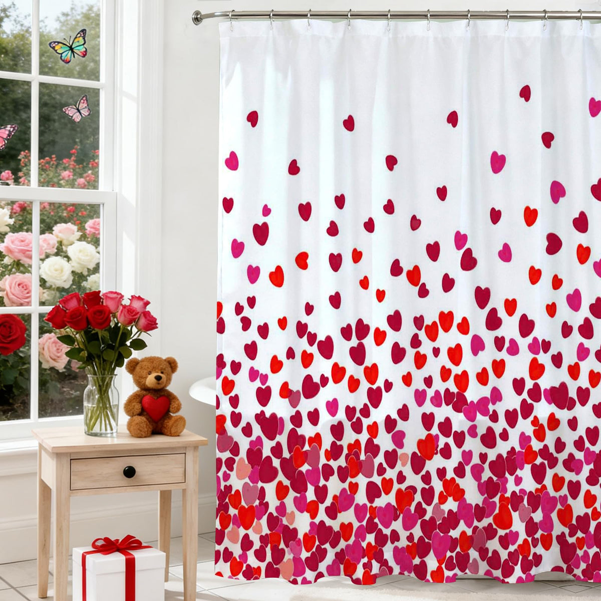 Valentines Day Shower Curtain Red Pink Heart Waterproof Polyester Shower Curtain 70.8"x70.8"