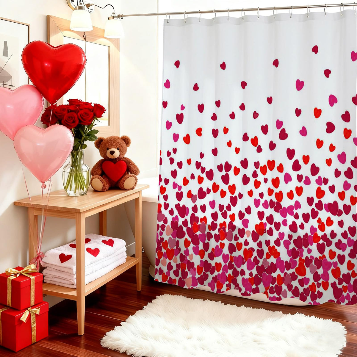 Valentines Day Shower Curtain Red Pink Heart Waterproof Polyester Shower Curtain 70.8"x70.8"