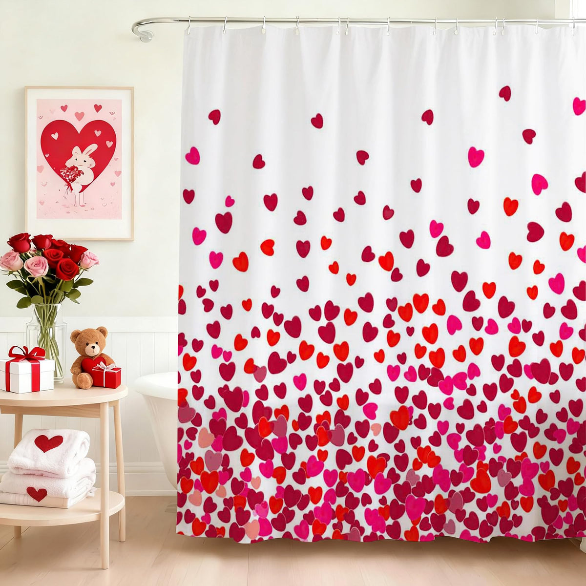 Valentines Day Shower Curtain Red Pink Heart Waterproof Polyester Shower Curtain 70.8"x70.8"