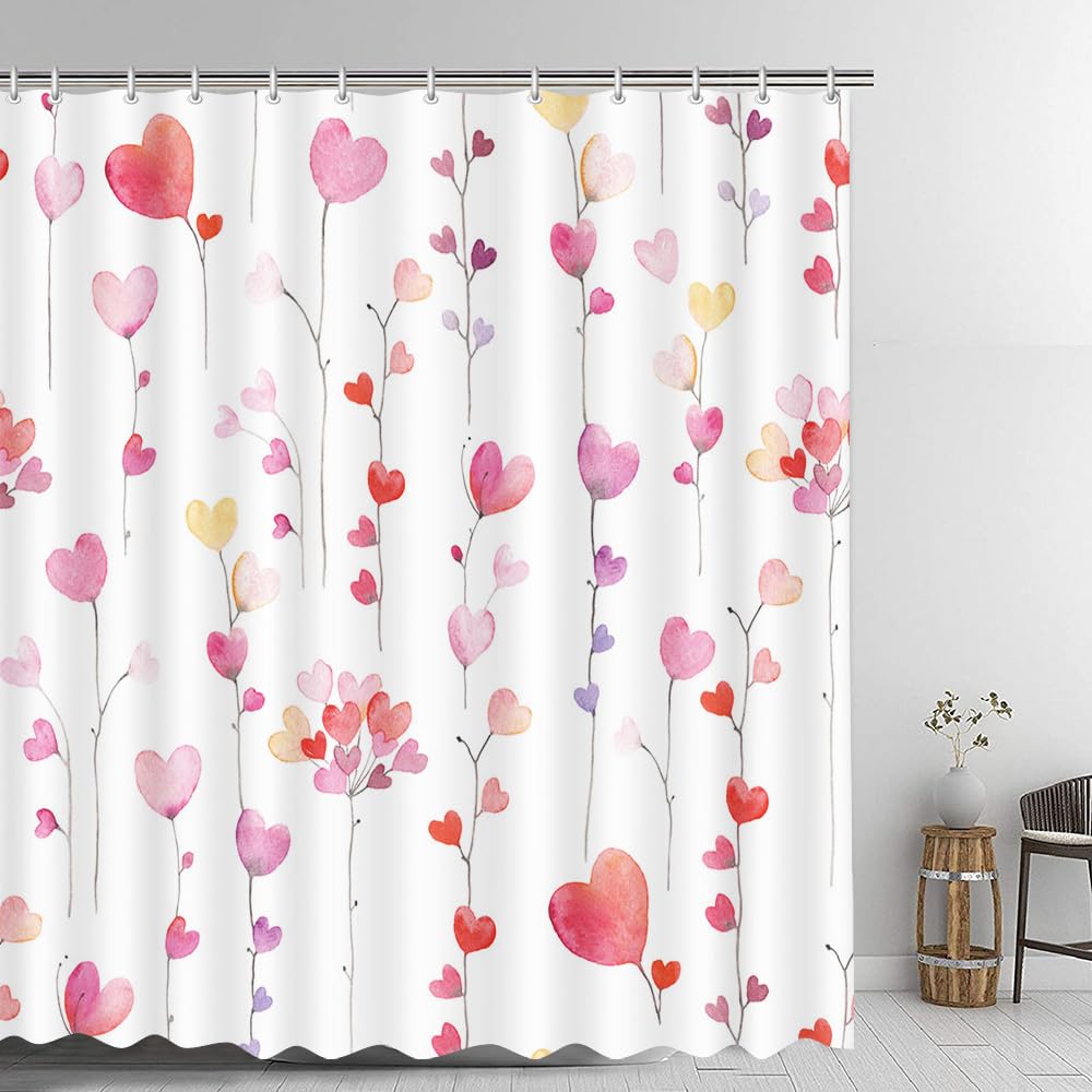 70.8" Valentines Day Shower Curtain Valentines Day Bathroom Decor Set Falling Colorful Heart Shower Curtain