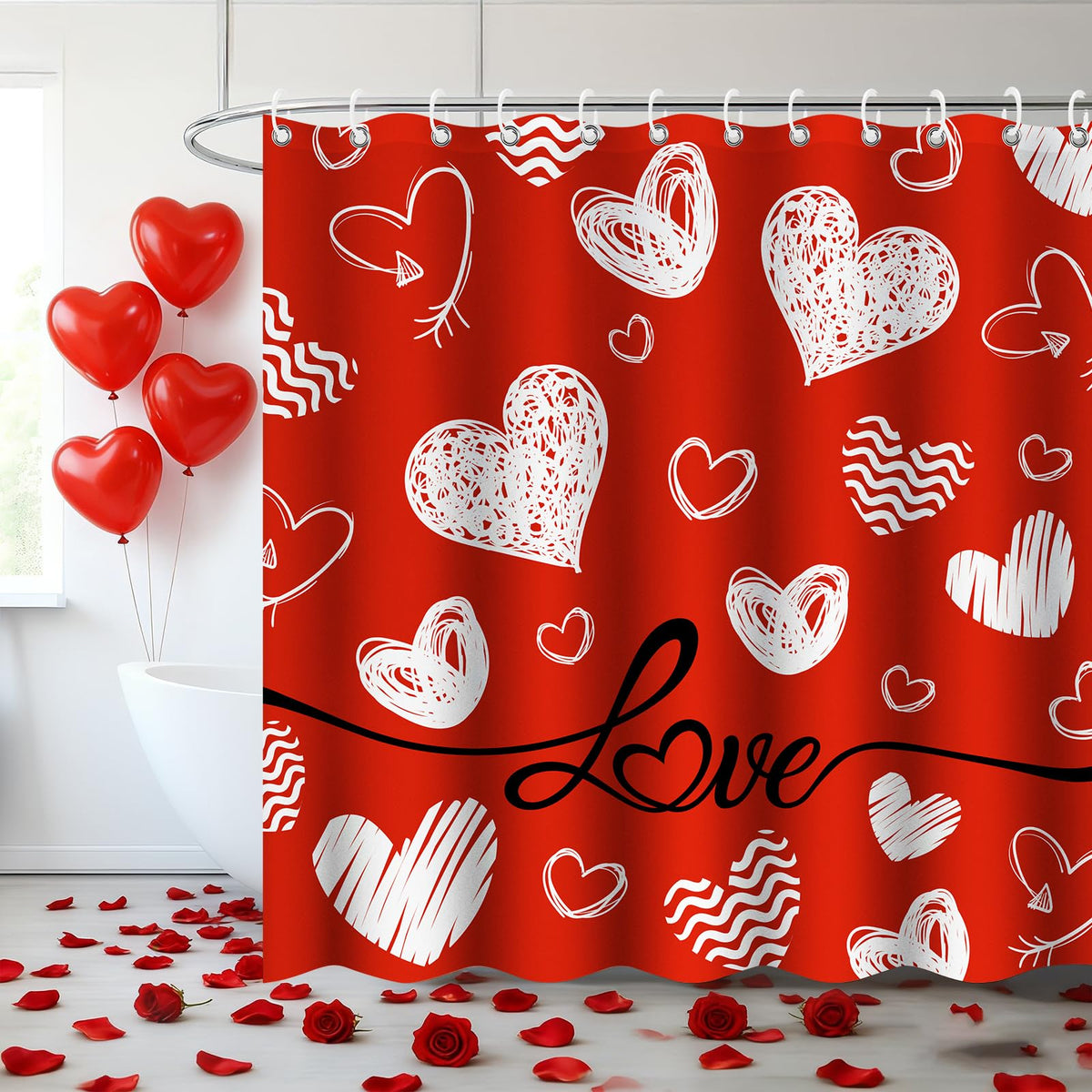 Valentines Day Shower Curtain, 70.8"Heart Valentines Heart Pattern Shower Curtains for Bathroom