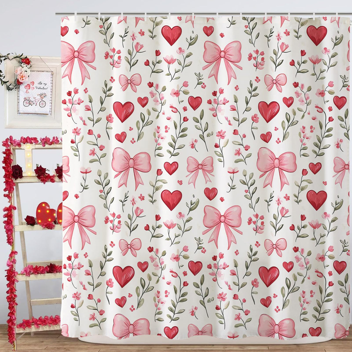 70.8"Valentines Day Shower Curtain,Red and Pink Love Hearts and Bows Shower Curtains Bathroom Bath Home Decor
