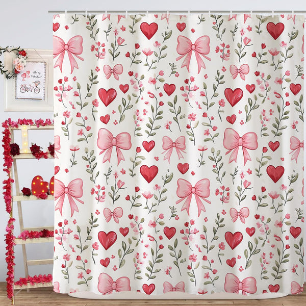 70.8"Valentines Day Shower Curtain,Red and Pink Love Hearts and Bows Shower Curtains Bathroom Bath Home Decor