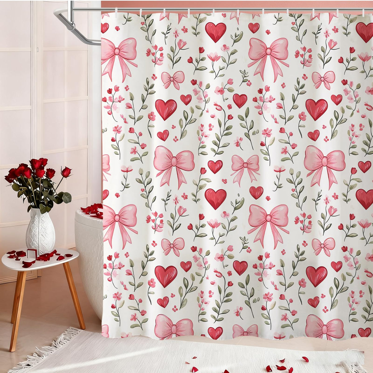 70.8"Valentines Day Shower Curtain,Red and Pink Love Hearts and Bows Shower Curtains Bathroom Bath Home Decor
