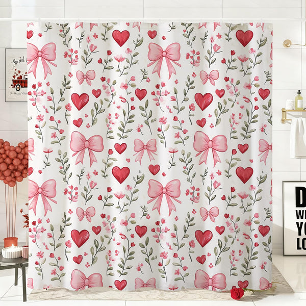 70.8"Valentines Day Shower Curtain,Red and Pink Love Hearts and Bows Shower Curtains Bathroom Bath Home Decor