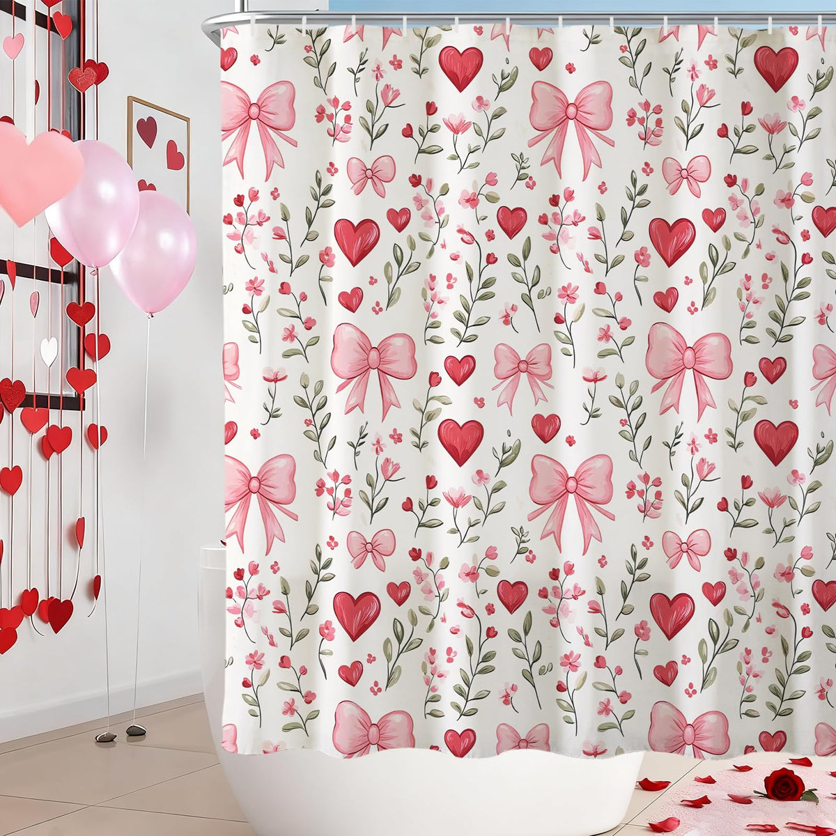 70.8"Valentines Day Shower Curtain,Red and Pink Love Hearts and Bows Shower Curtains Bathroom Bath Home Decor