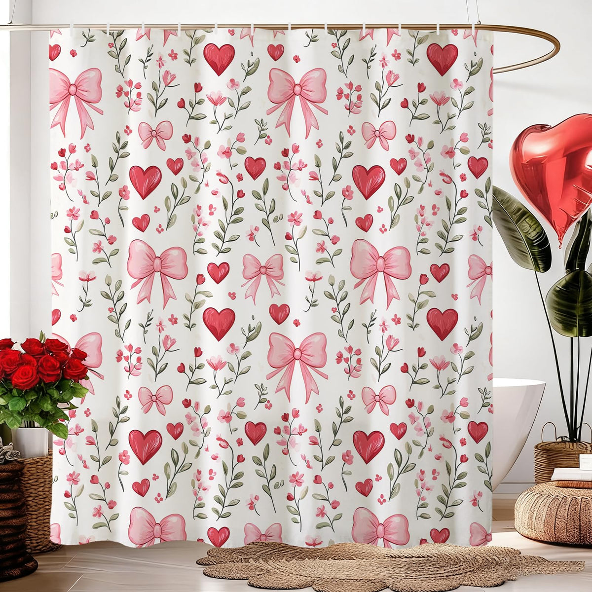 70.8"Valentines Day Shower Curtain,Red and Pink Love Hearts and Bows Shower Curtains Bathroom Bath Home Decor