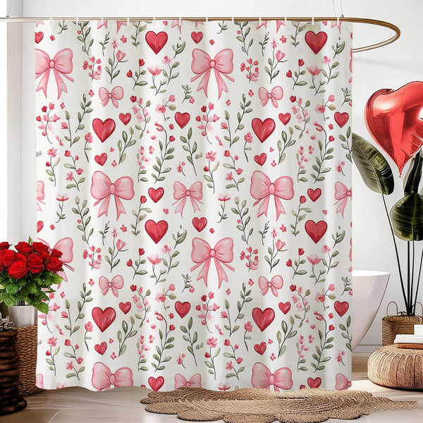 70.8"Valentines Day Shower Curtain,Red and Pink Love Hearts and Bows Shower Curtains Bathroom Bath Home Decor
