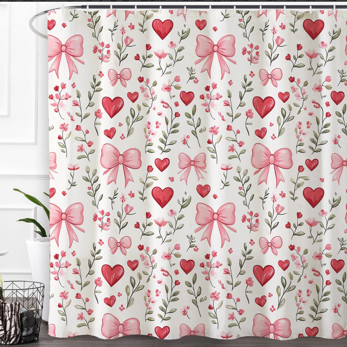70.8"Valentines Day Shower Curtain,Red and Pink Love Hearts and Bows Shower Curtains Bathroom Bath Home Decor
