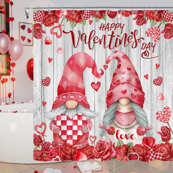 70.8"Valentines Day Shower Curtain, Romantic Red Rose Heart Valentine's Day Gnomes Shower Curtain Set