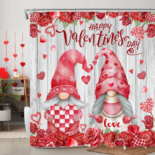 70.8"Valentines Day Shower Curtain, Romantic Red Rose Heart Valentine's Day Gnomes Shower Curtain Set