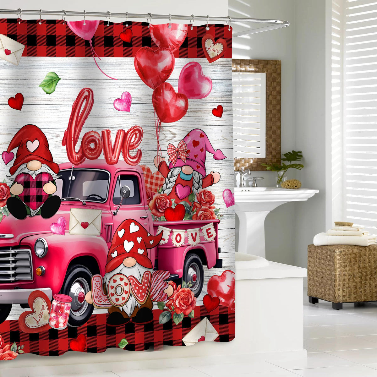 70.8"Valentines Day Shower Curtain, Valentine Curtain, Red Valentine's Truck and Gnomes with Buffalo Plaid