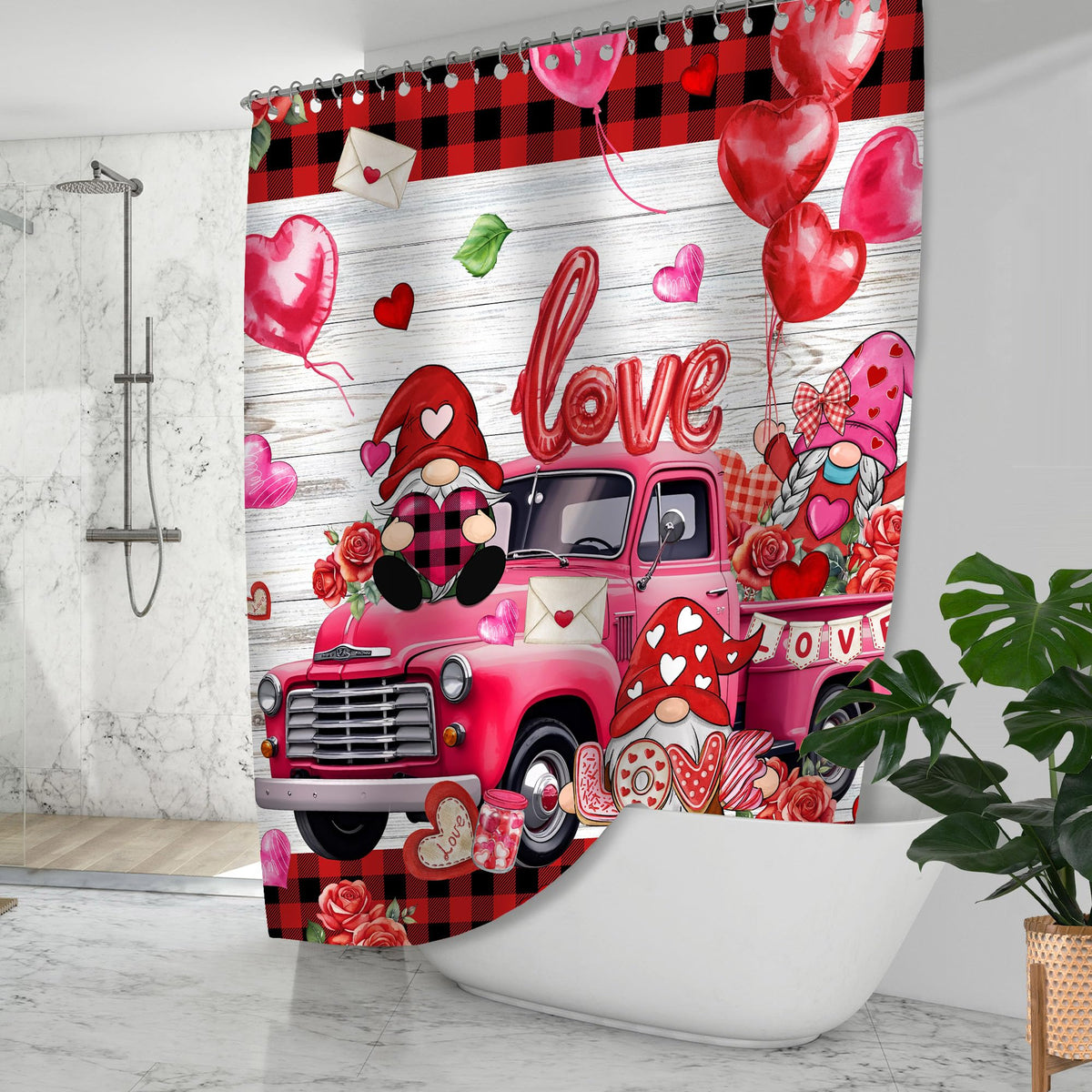 70.8"Valentines Day Shower Curtain, Valentine Curtain, Red Valentine's Truck and Gnomes with Buffalo Plaid