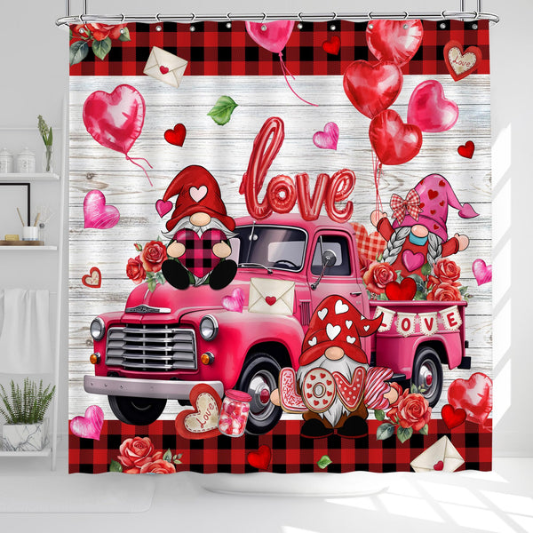 70.8"Valentines Day Shower Curtain, Valentine Curtain, Red Valentine's Truck and Gnomes with Buffalo Plaid
