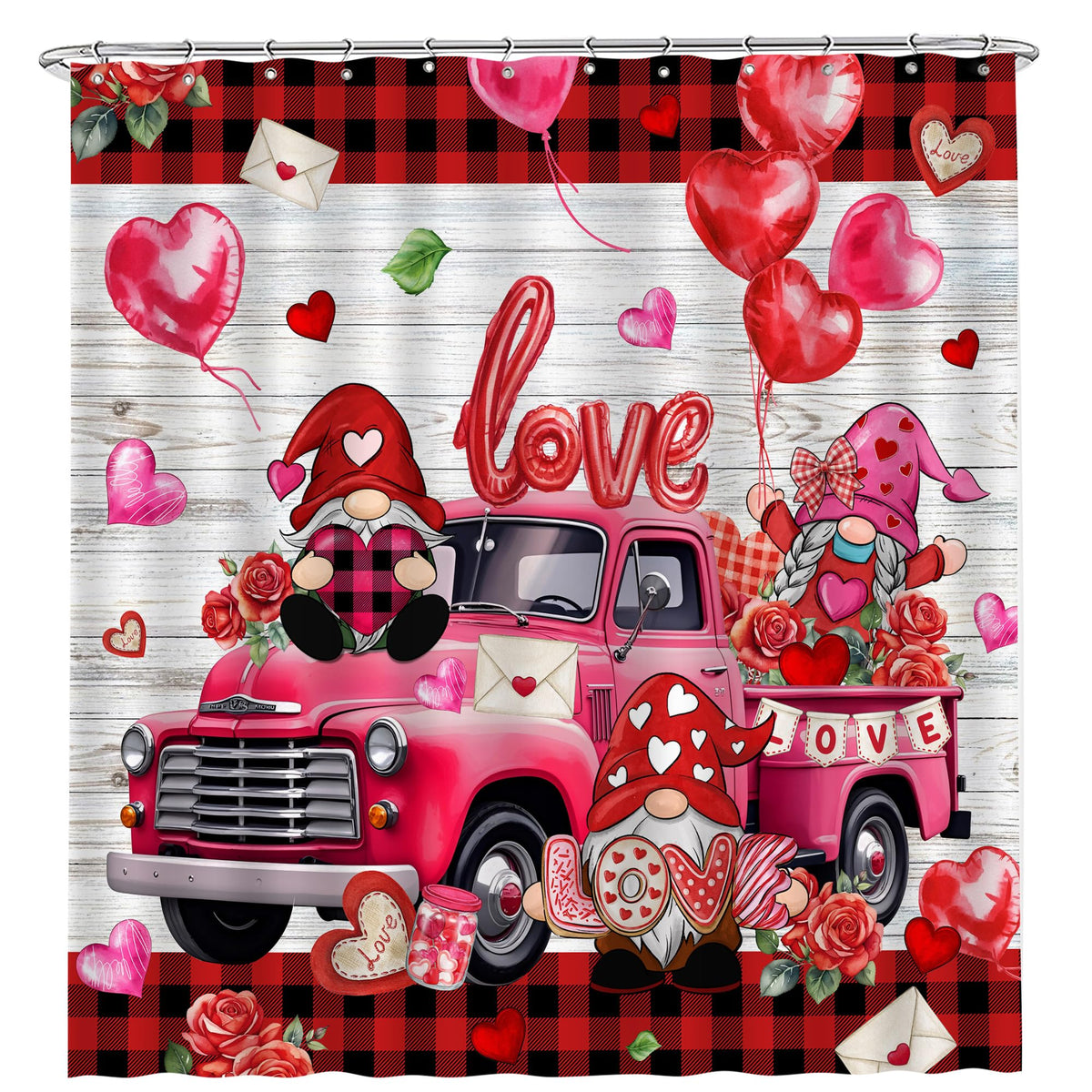 70.8"Valentines Day Shower Curtain, Valentine Curtain, Red Valentine's Truck and Gnomes with Buffalo Plaid