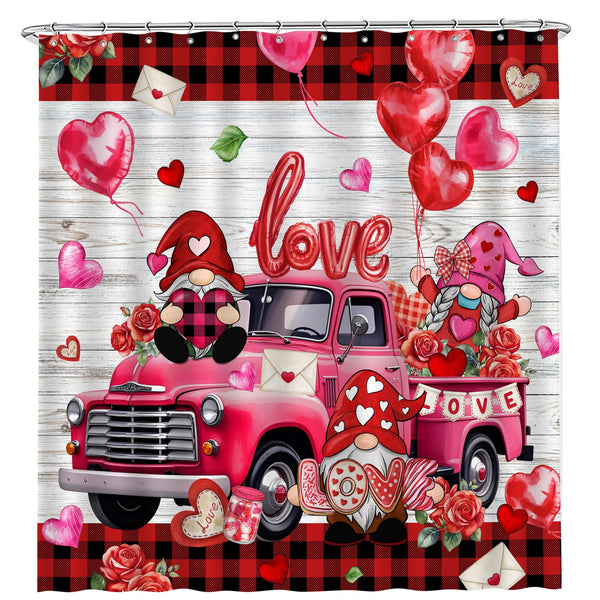 70.8"Valentines Day Shower Curtain, Valentine Curtain, Red Valentine's Truck and Gnomes with Buffalo Plaid