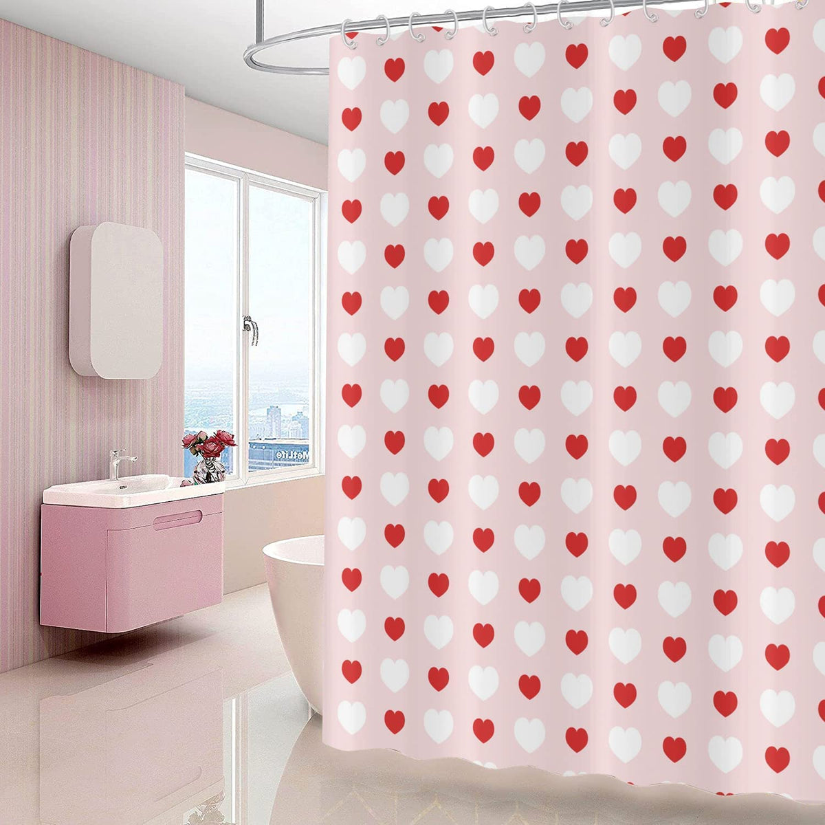 Valentine's Day Shower Curtain, 70.8"Romantic Love Theme Pink and Red Little Heart Fabric Bathroom Curtain