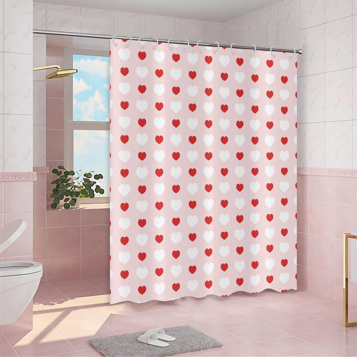 Valentine's Day Shower Curtain, 70.8"Romantic Love Theme Pink and Red Little Heart Fabric Bathroom Curtain
