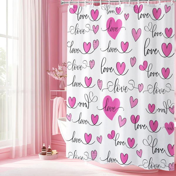 Valentines Pink Shower Curtains, 70.8"Heart Love Valentines Bathroom Decor Waterproof Shower Curtains
