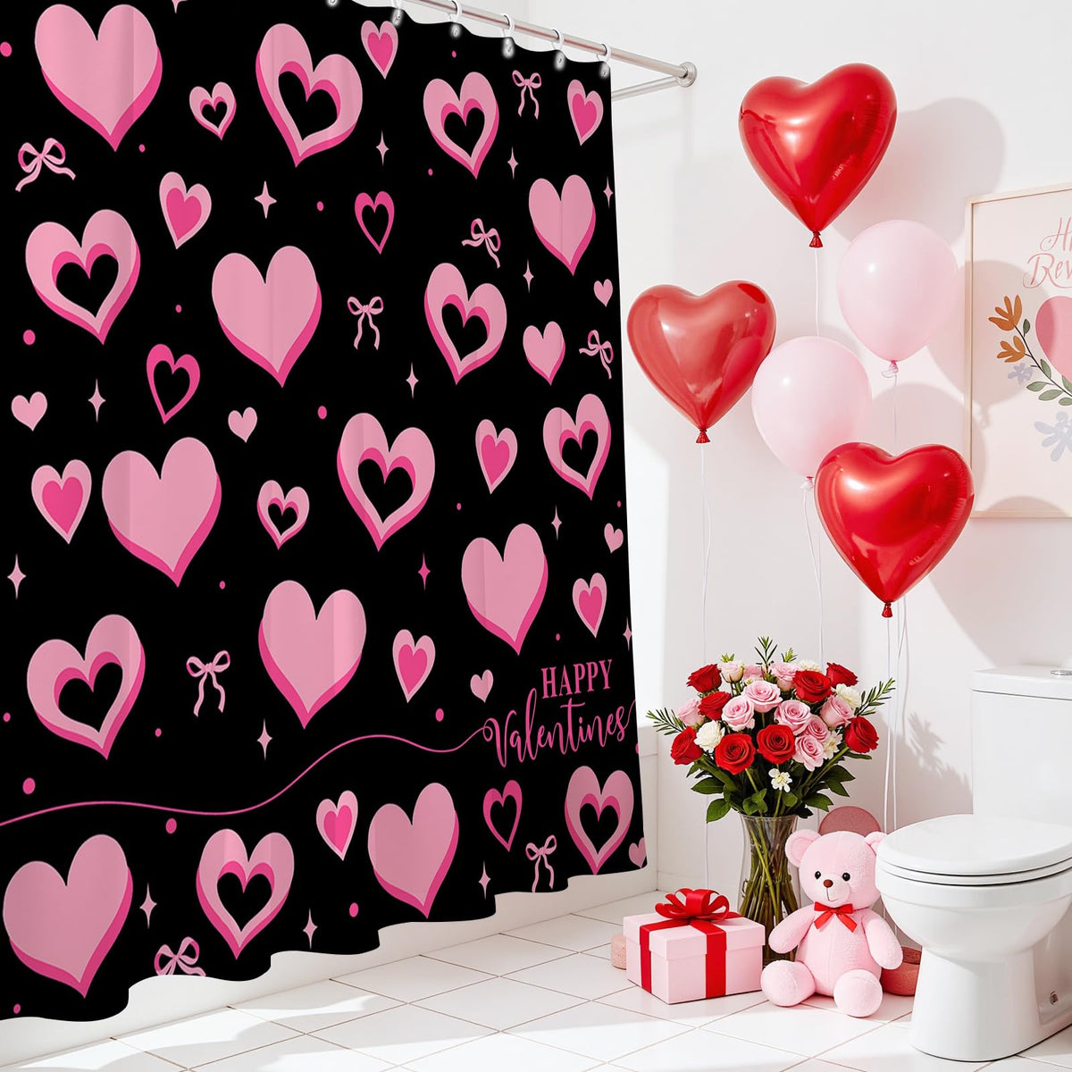 Valentines Shower Curtain - 70.8"Black and Pink Cute Bow Sweet Hearts Shower Curtain