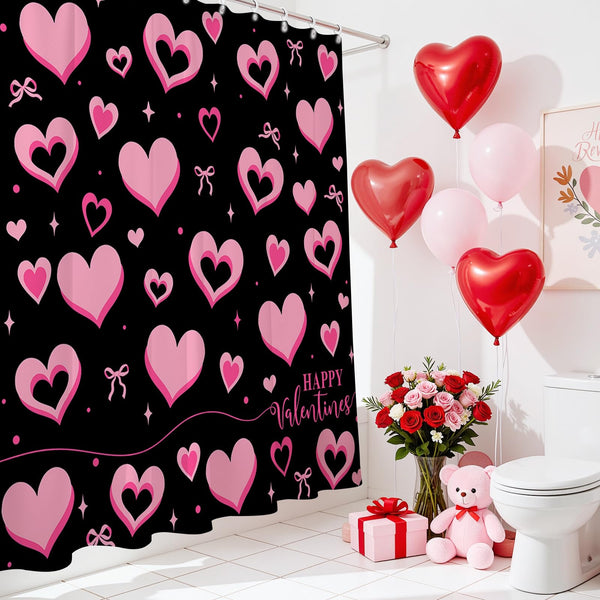 Valentines Shower Curtain - 70.8"Black and Pink Cute Bow Sweet Hearts Shower Curtain