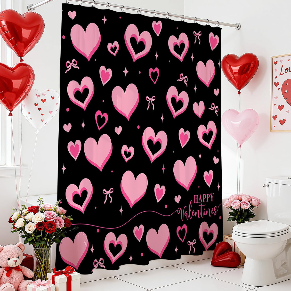 Valentines Shower Curtain - 70.8"Black and Pink Cute Bow Sweet Hearts Shower Curtain