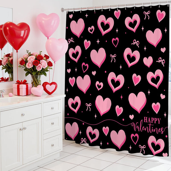 Valentines Shower Curtain - 70.8"Black and Pink Cute Bow Sweet Hearts Shower Curtain