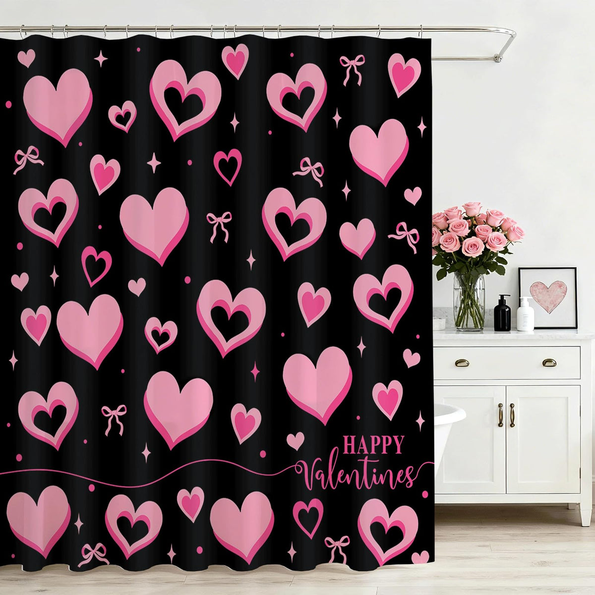 Valentines Shower Curtain - 70.8"Black and Pink Cute Bow Sweet Hearts Shower Curtain
