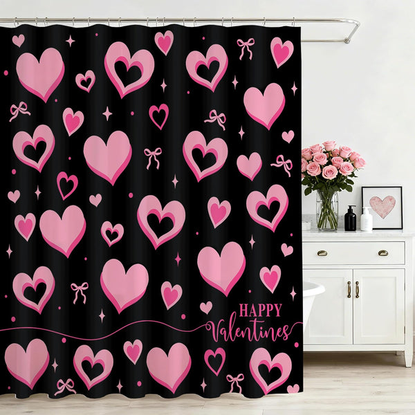 Valentines Shower Curtain - 70.8"Black and Pink Cute Bow Sweet Hearts Shower Curtain