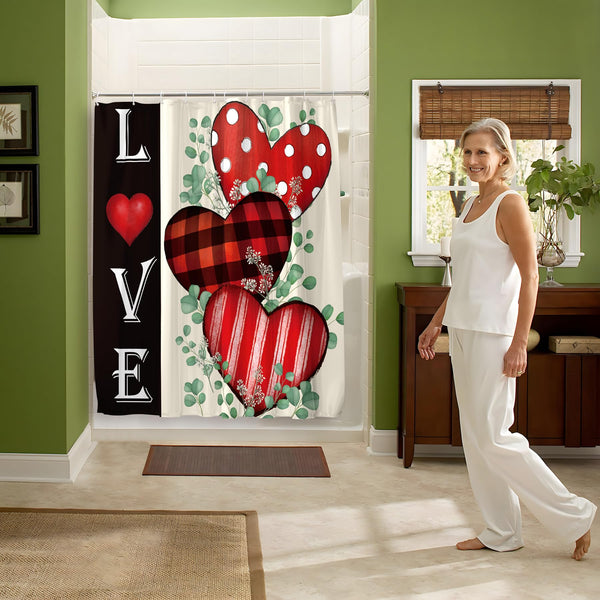 Valentines Shower Curtain Bathroom Decor Red Love Hearts with Hooks 70.8"x70.8" Inches - Waterproof Polyester
