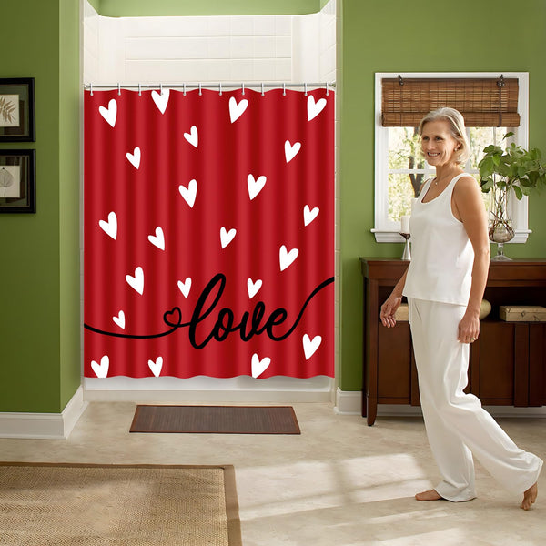 Valentines Shower Curtain Bathroom Decor Red Love with 12 Hooks 70.8x70.8 Inch