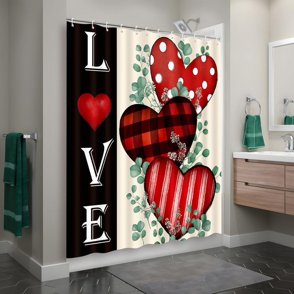 Valentines Shower Curtain Bathroom Decor Red Love Hearts with Hooks 70.8"x70.8" Inches - Waterproof Polyester
