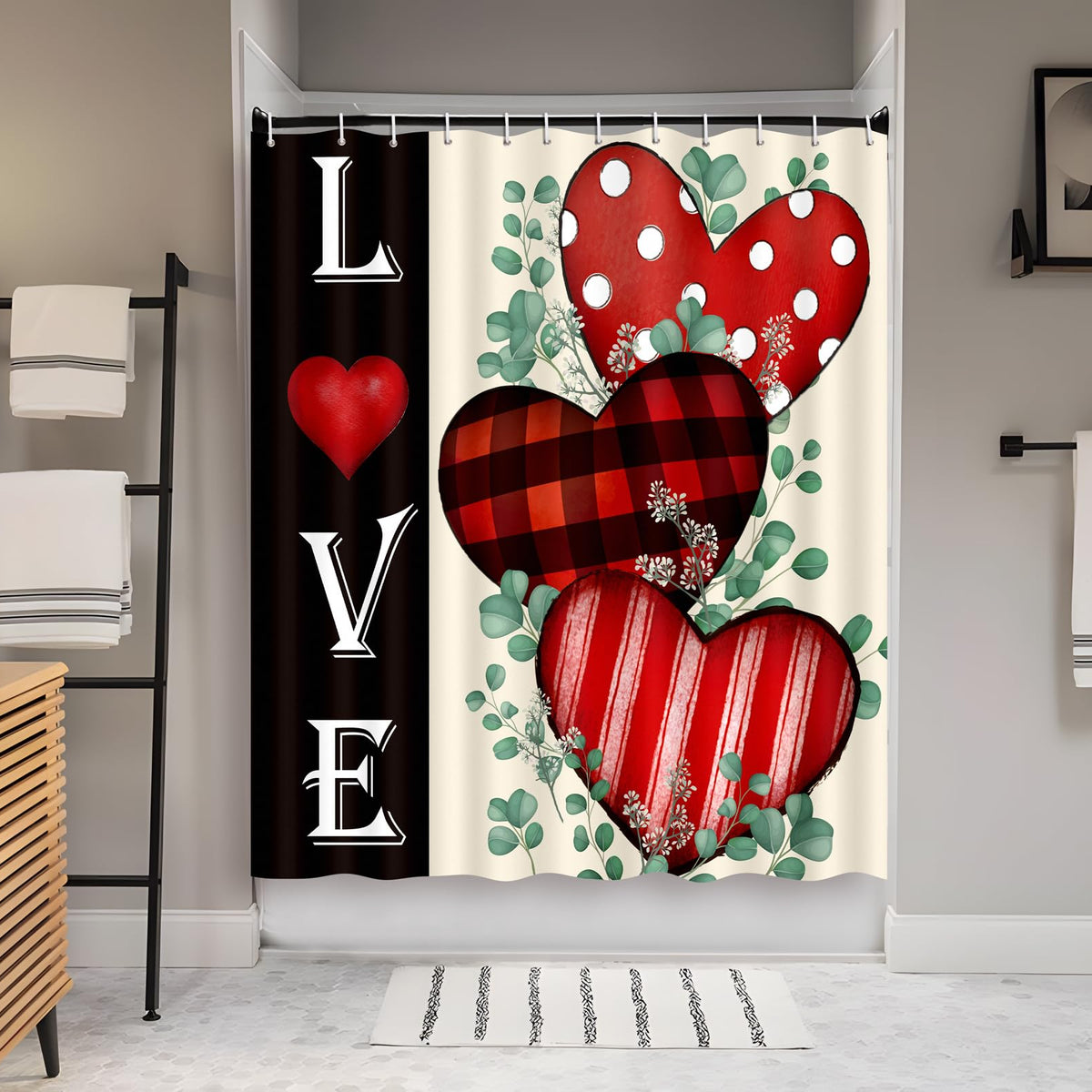Valentines Shower Curtain Bathroom Decor Red Love Hearts with Hooks 70.8"x70.8" Inches - Waterproof Polyester
