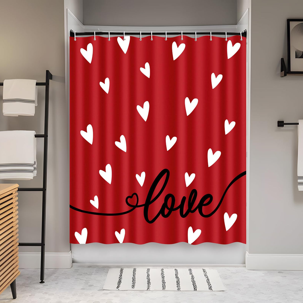 Valentines Shower Curtain Bathroom Decor Red Love with 12 Hooks 70.8x70.8 Inch