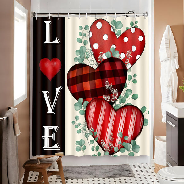 Valentines Shower Curtain Bathroom Decor Red Love Hearts with Hooks 70.8"x70.8" Inches - Waterproof Polyester