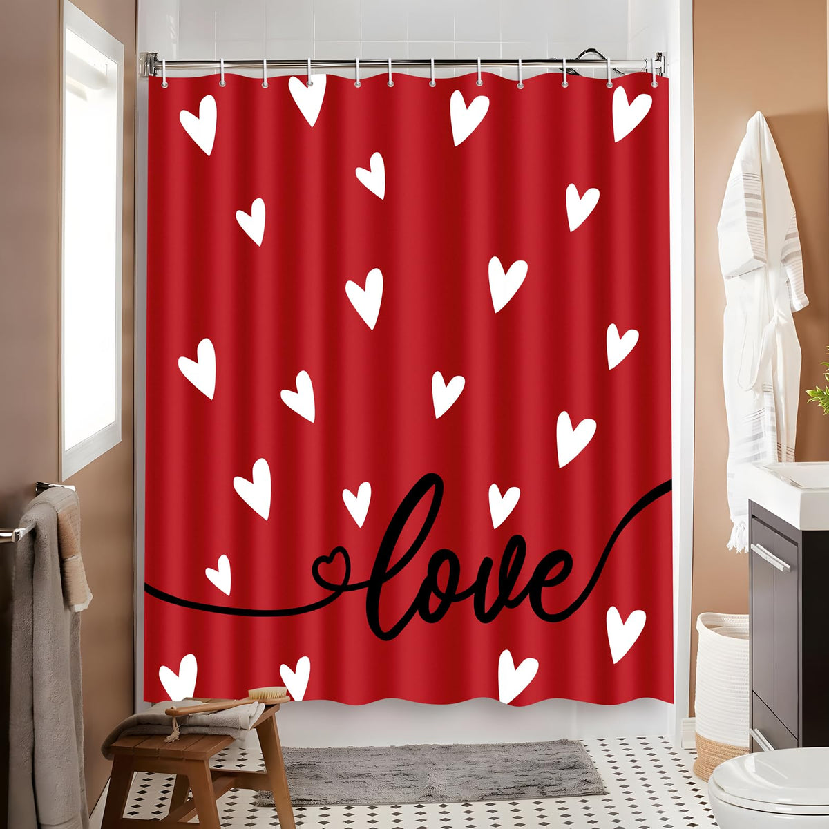 Valentines Shower Curtain Bathroom Decor Red Love with 12 Hooks 70.8x70.8 Inch