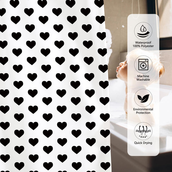 70.8"Valentines Shower Curtain Black Hearts Shower Curtain for Happy Valentines Black and White Contracted
