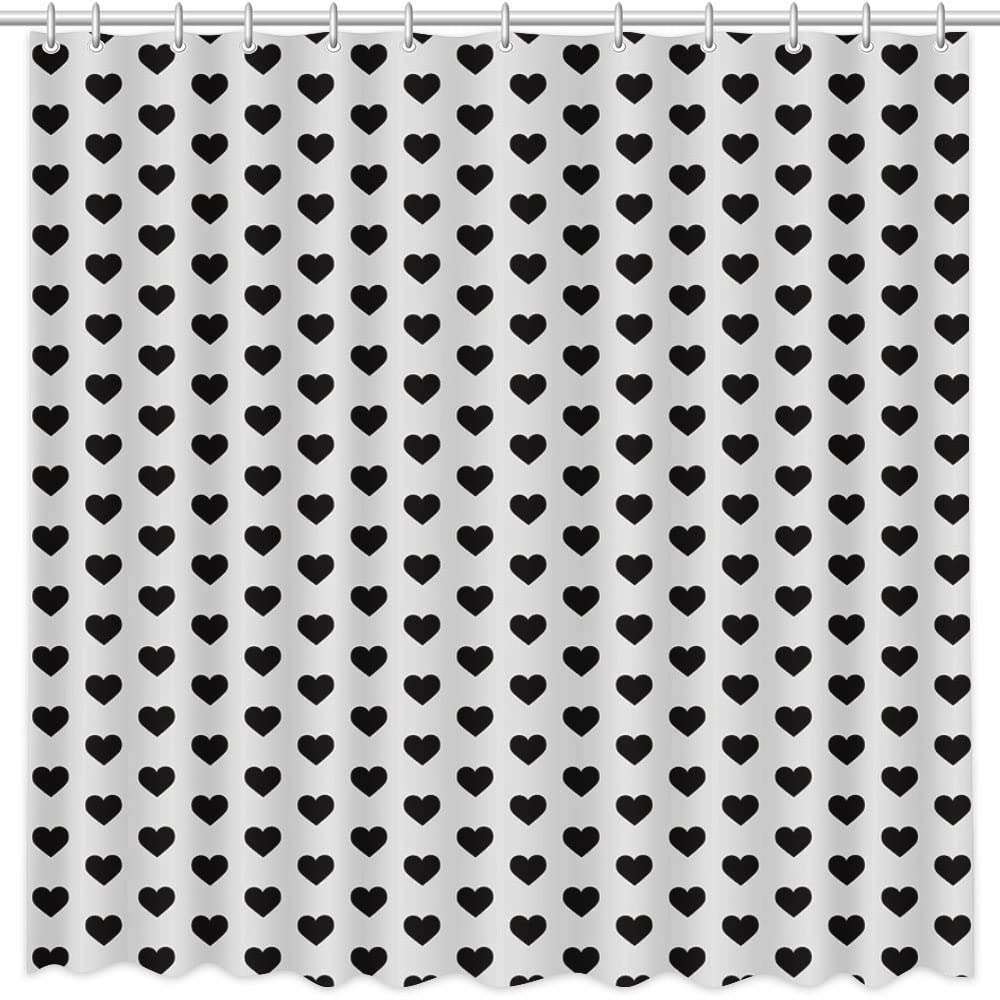 70.8"Valentines Shower Curtain Black Hearts Shower Curtain for Happy Valentines Black and White Contracted