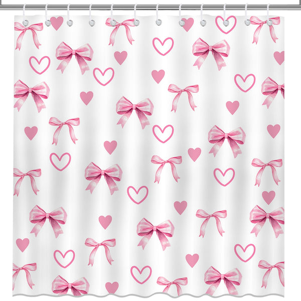 70.8"Valentines Shower Curtain Pink White Bow Love Heart Shower Curtain Valentine Hearts Waterproof